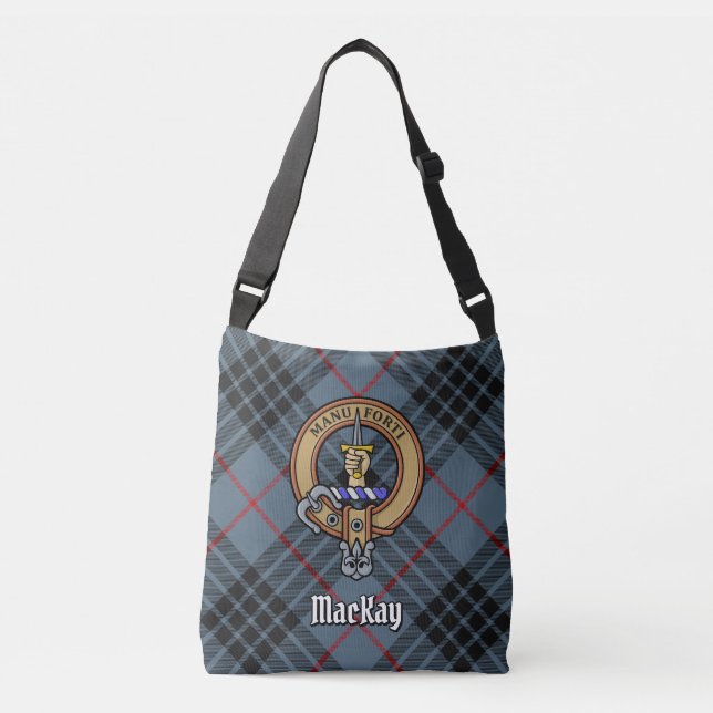 Clan MacKay Crest over Blue Tartan Crossbody Bag (Front)