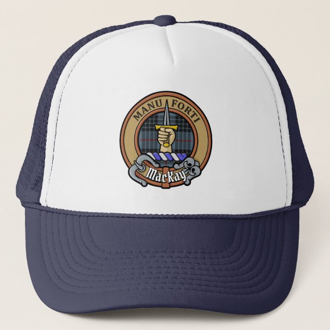 Clan MacKay Crest over Blue Tartan Trucker Hat (Front)