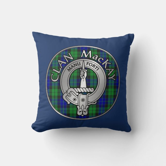 Clan MacKay Crest & Tartan Throw Pillow (Front)