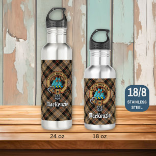 Clan MacKenzie Crest over Brown Hunting Tartan 710 Ml Water Bottle