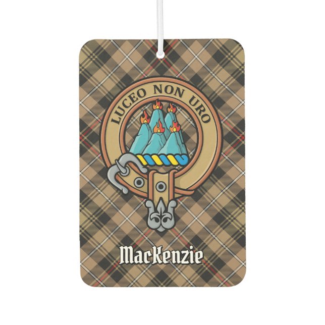 Clan MacKenzie Crest over Brown Hunting Tartan Air Freshener (Front)