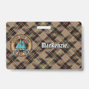Clan MacKenzie Crest over Brown Hunting Tartan Badge