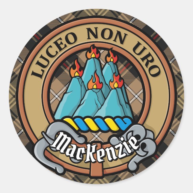 Clan MacKenzie Crest over Brown Hunting Tartan Classic Round Sticker (Front)