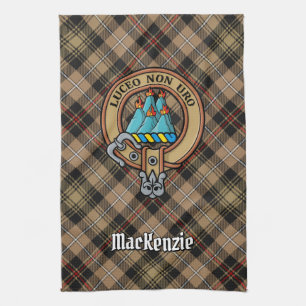 Clan MacKenzie Crest over Brown Hunting Tartan Kitchen Towel