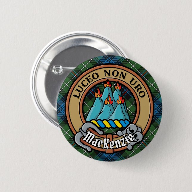 Clan MacKenzie Crest over Tartan 2 Inch Round Button (Front & Back)