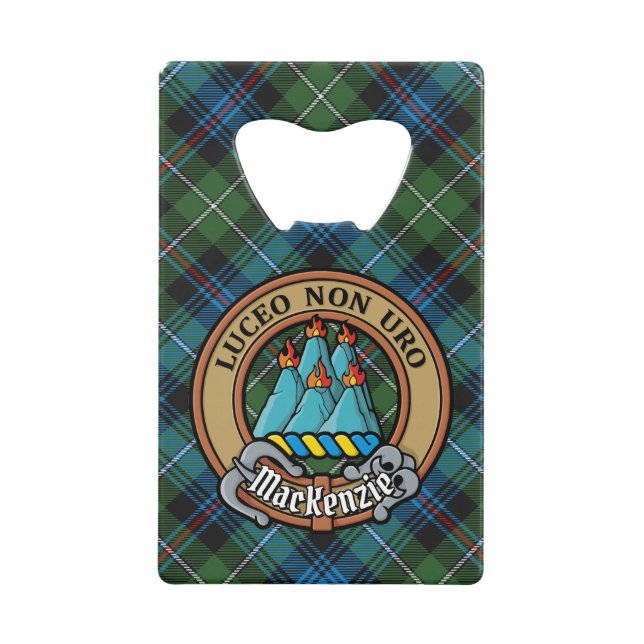Clan MacKenzie Crest over Tartan Credit Card Bottle Opener (Front)