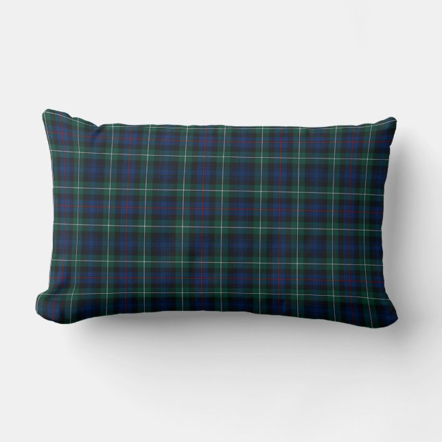 Clan Mackenzie Tartan Dark Blue and Green Plaid Lumbar Pillow (Front)