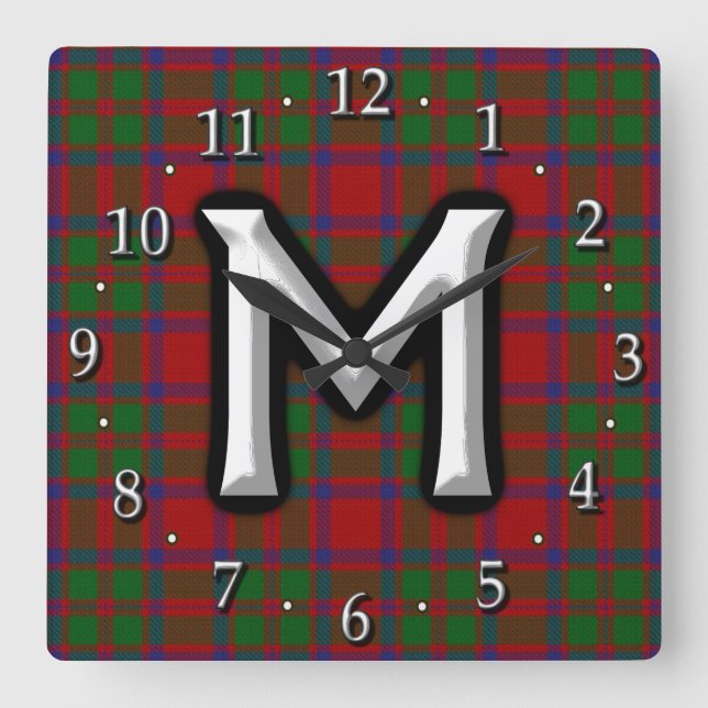 Clan MacKintosh MacIntosh Letter M Monogram Tartan Square Wall Clock (Front)
