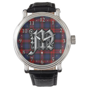 Clan MacLachlan Letter M Monogram Red Blue Tartan Watch