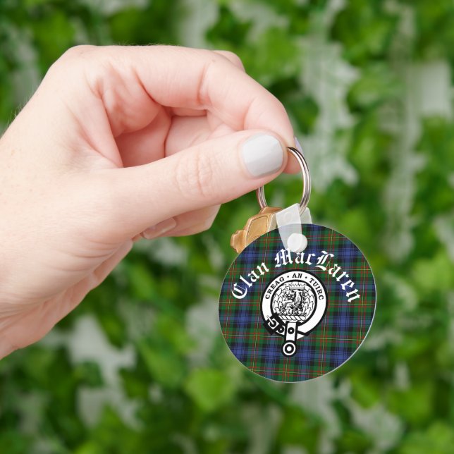 Clan MacLaren Crest Badge & Tartan Customizable  Keychain (Hand)