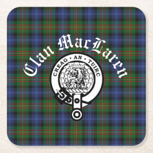 Clan MacLaren Crest Badge & Tartan Customizable  Square Paper Coaster