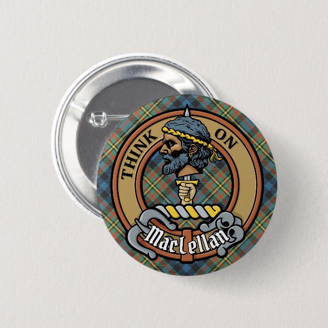 Clan MacLellan Crest over Ancient Tartan 2 Inch Round Button (Front & Back)