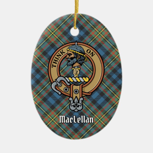 Clan MacLellan Crest over Ancient Tartan Ceramic Ornament (Front)