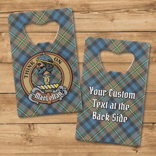 Clan MacLellan Crest over Ancient Tartan Credit Card Bottle Opener
