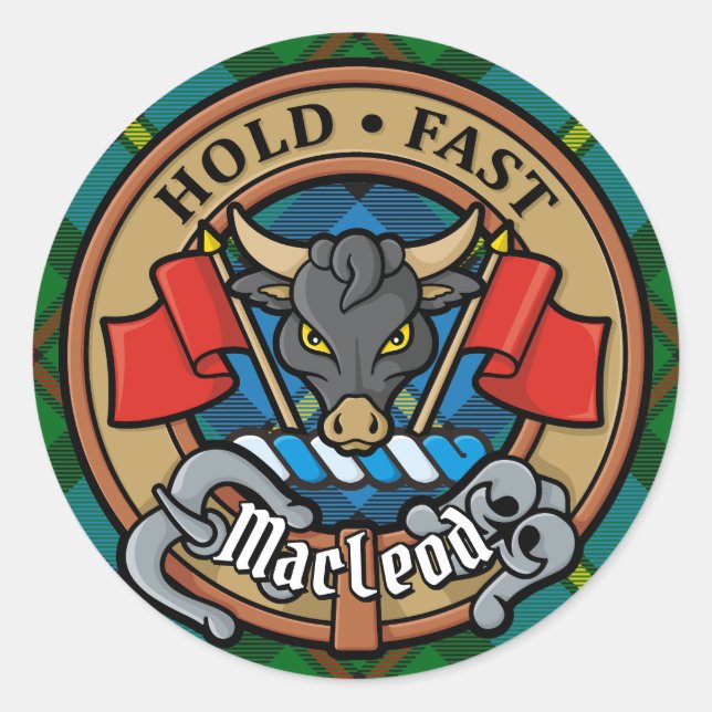 Clan MacLeod Crest over Hunting Tartan Classic Round Sticker (Front)