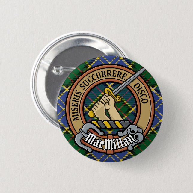 Clan MacMillan Crest over Hunting Tartan 2 Inch Round Button (Front & Back)