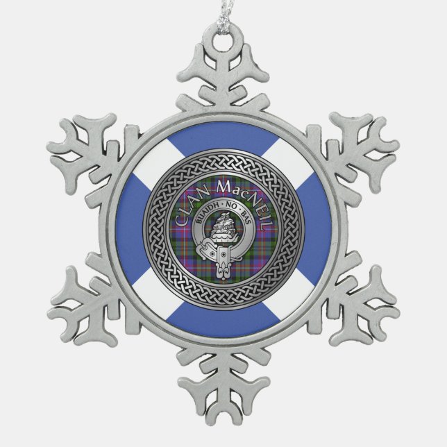 Clan MacNeil Crest & Tartan Knot Snowflake Pewter Christmas Ornament (Front)