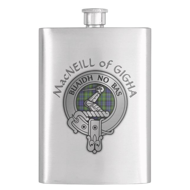 Clan MacNeill of Gigha Crest & Tartan Hip Flask (Front)