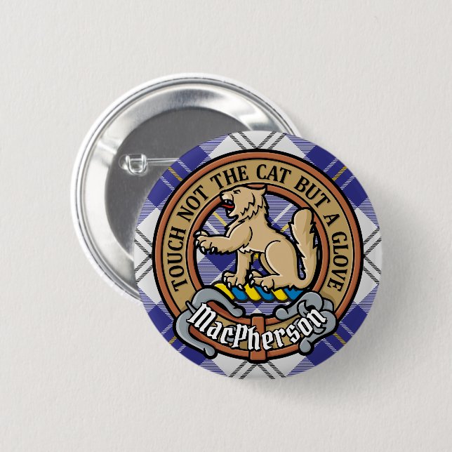 Clan MacPherson Crest over Blue Dress Tartan 2 Inch Round Button (Front & Back)