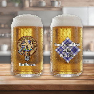 Clan MacPherson Crest over Blue Dress Tartan Can Glass