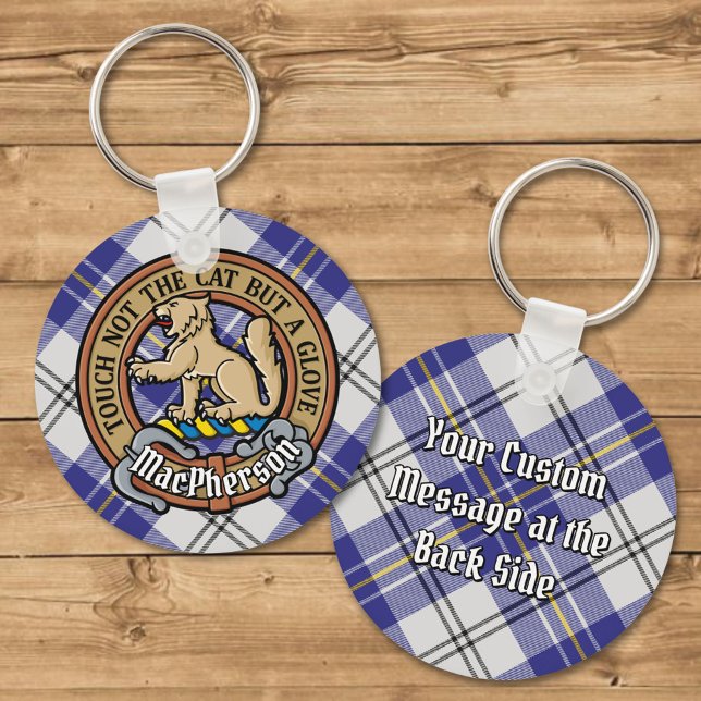Clan MacPherson Crest over Blue Dress Tartan Keychain (Creator Uploaded)