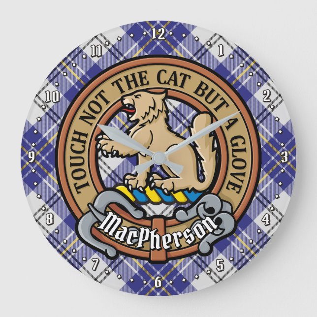 Clan MacPherson Crest over Blue Dress Tartan Large Clock (Front)