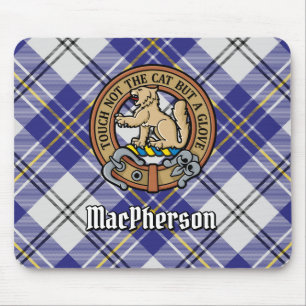 Clan MacPherson Crest over Blue Dress Tartan Mouse Pad