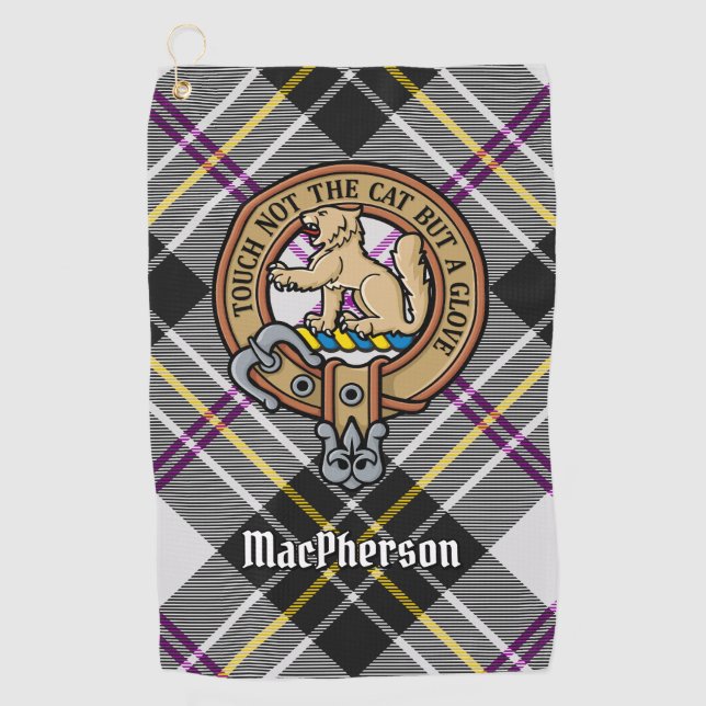 Clan MacPherson Crest over Dress Tartan Golf Towel (Front)