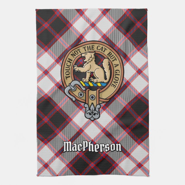 Clan MacPherson Crest over Hunting Tartan Kitchen Towel (Vertical)