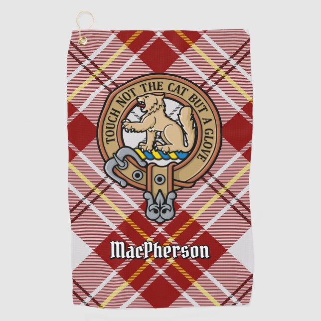 Clan MacPherson Crest over Red Dress Tartan Golf Towel (Front)