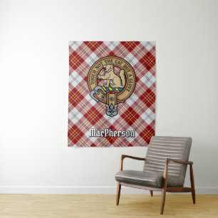 Clan MacPherson Crest over Red Dress Tartan Tapestry