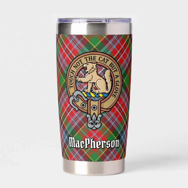 Clan MacPherson Crest over Tartan Insulated Tumbler (Front)