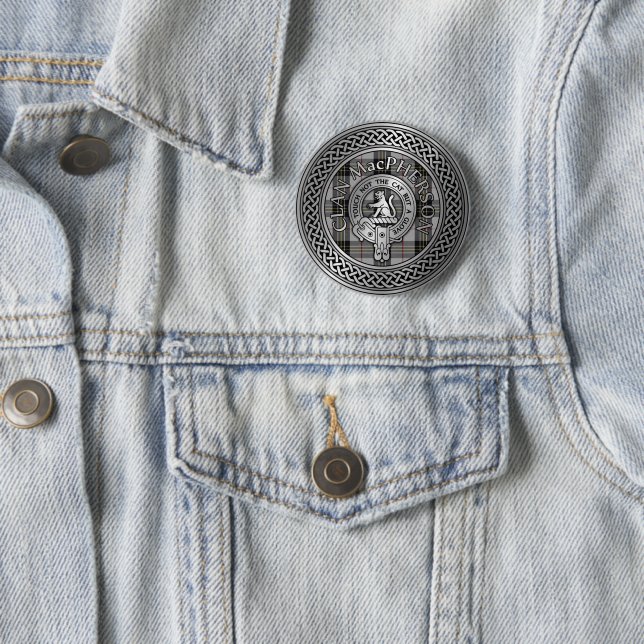 Clan MacPherson Crest & Tartan Knot 2 Inch Round Button (In Situ)