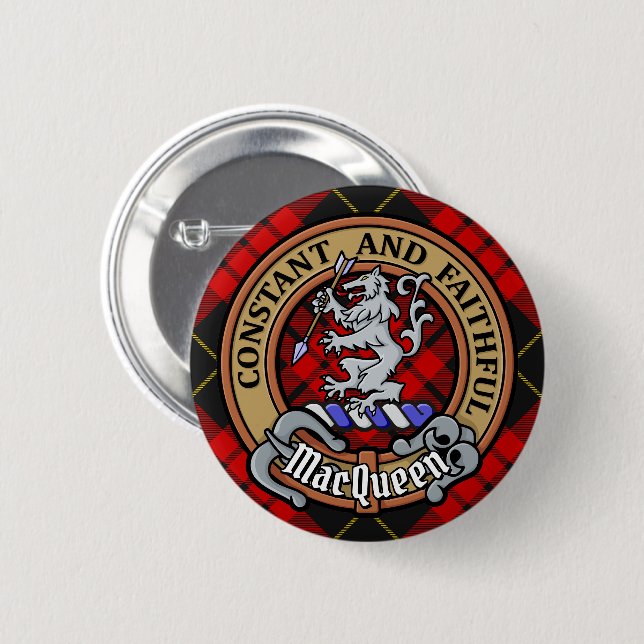 Clan MacQueen Crest over Tartan 2 Inch Round Button (Front & Back)