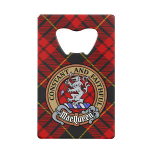 Clan MacQueen Crest over Tartan Credit Card Bottle Opener