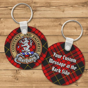 Clan MacQueen Crest over Tartan Keychain