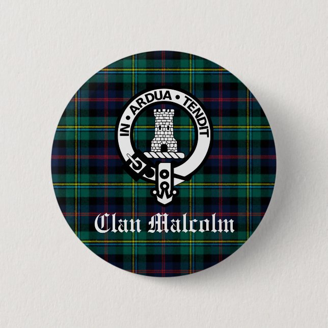 Clan Malcolm Crest Badge and Tartan 2 Inch Round Button (Front)