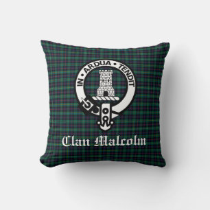 Clan Malcolm Crest Badge and Tartan Throw Pillow
