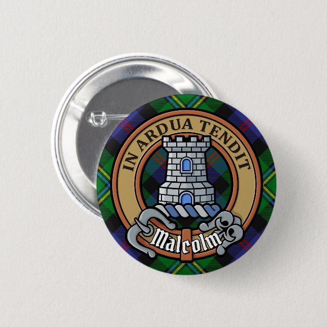 Clan Malcolm Crest over Tartan 2 Inch Round Button (Front & Back)