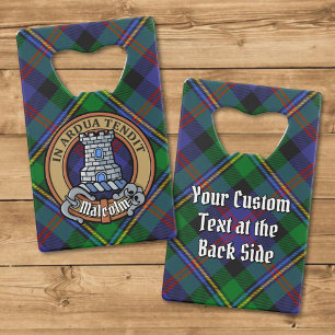 Clan Malcolm Crest over Tartan Credit Card Bottle Opener
