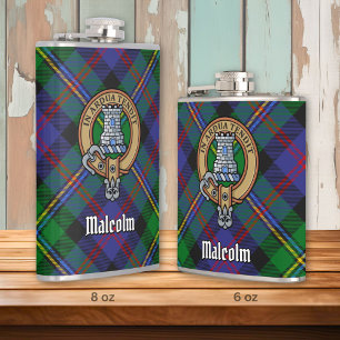 Clan Malcolm Crest over Tartan Hip Flask