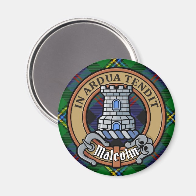 Clan Malcolm Crest over Tartan Magnet (Front/Back)