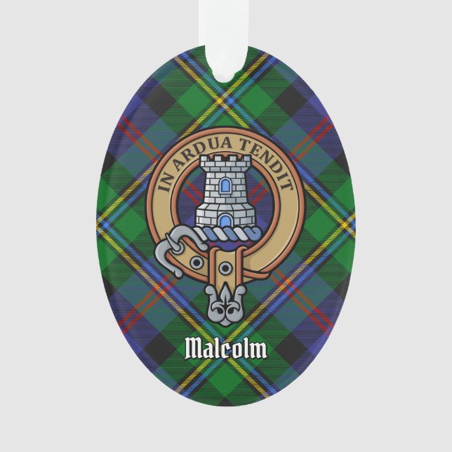 Clan Malcolm Crest over Tartan Ornament (Front)