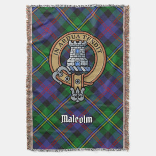 Clan Malcolm Crest over Tartan Throw Blanket
