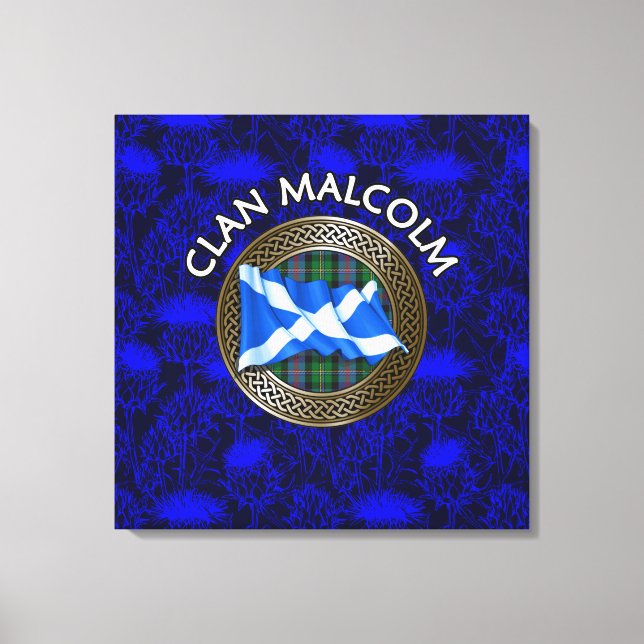 Clan Malcolm Crest & Tartan Knot on Thistle Canvas Print (Front)