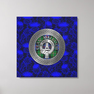 Clan Malcolm Crest & Tartan Knot on Thistle Canvas Print