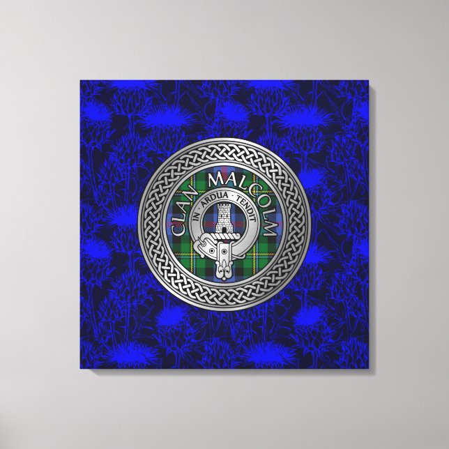 Clan Malcolm Crest & Tartan Knot on Thistle Canvas Print (Front)