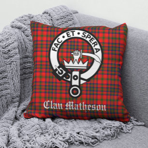Clan Matheson Crest Badge and Tartan Throw Pillow