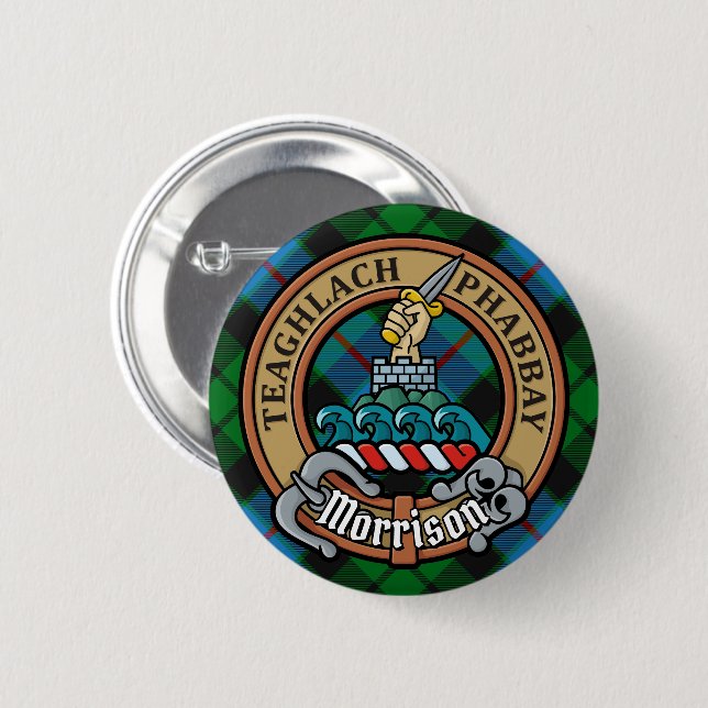 Clan Morrison Crest over Hunting Tartan 2 Inch Round Button (Front & Back)