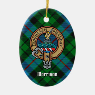 Clan Morrison Crest over Hunting Tartan Ceramic Ornament